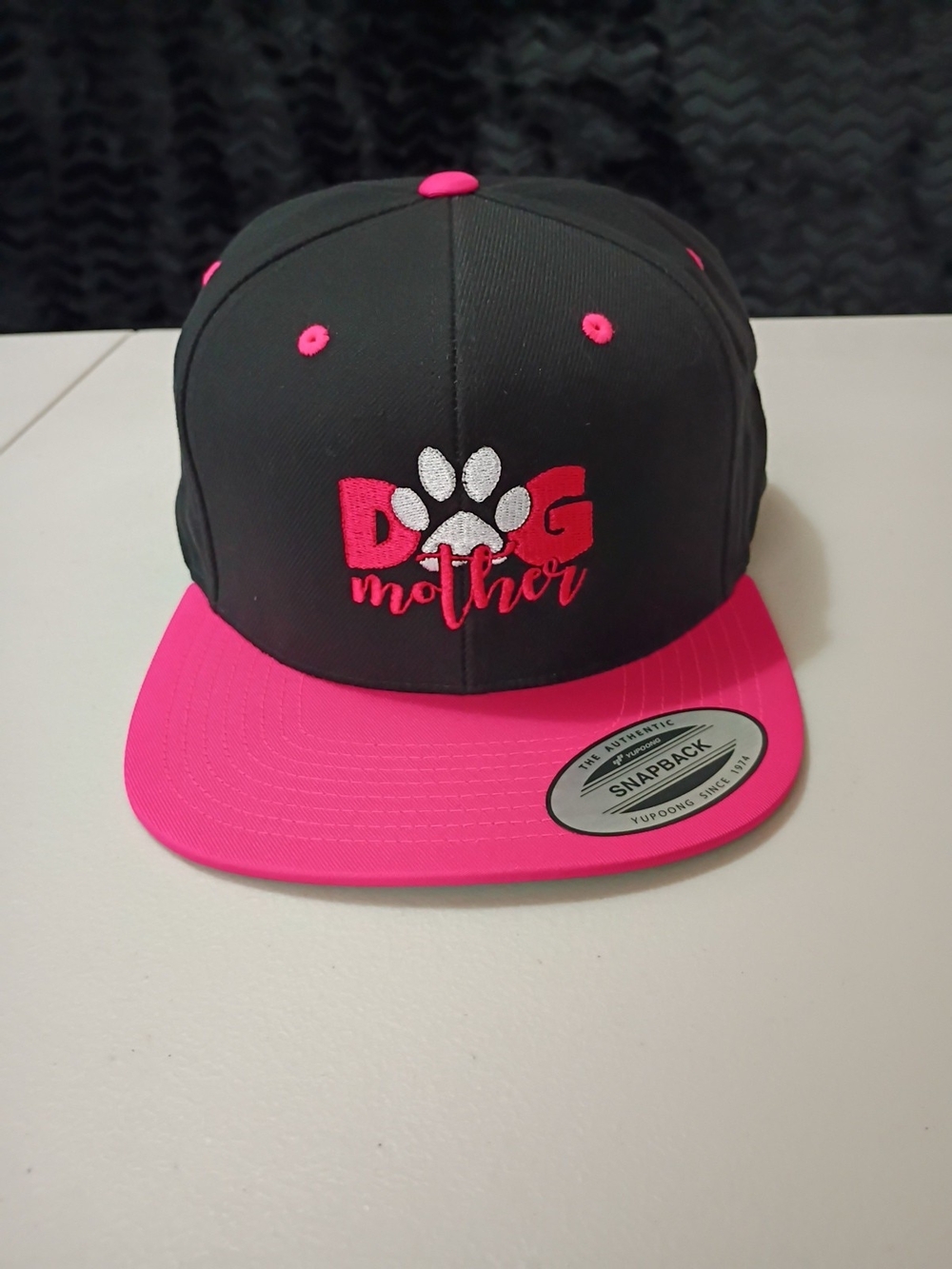 Yupoong The Classics Snapback Hat  Dog Mother Embroidered - Black/Pink Flat Bill